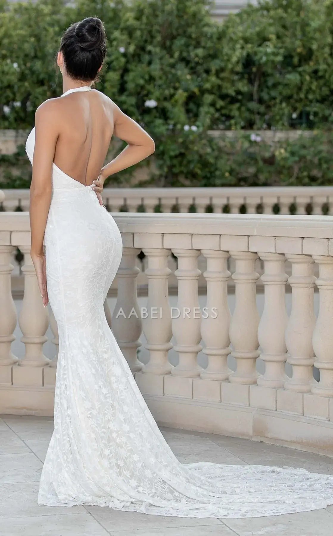 AABEI DRESS Charming Mermaid Sleeveless Halter Deep V Neck Backless Lace Exquisite Sweep Train Wedding Dress