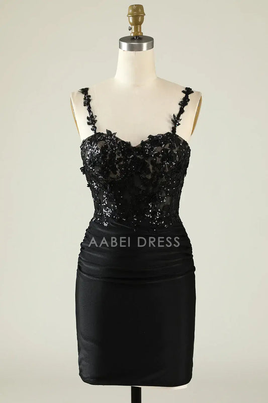 AABEI DRESS Charming Sheath Spaghetti Strap Sweetheart Neckline Sequines Appliques Pleated Sparkle Hot Sale Short Homecoming Dress