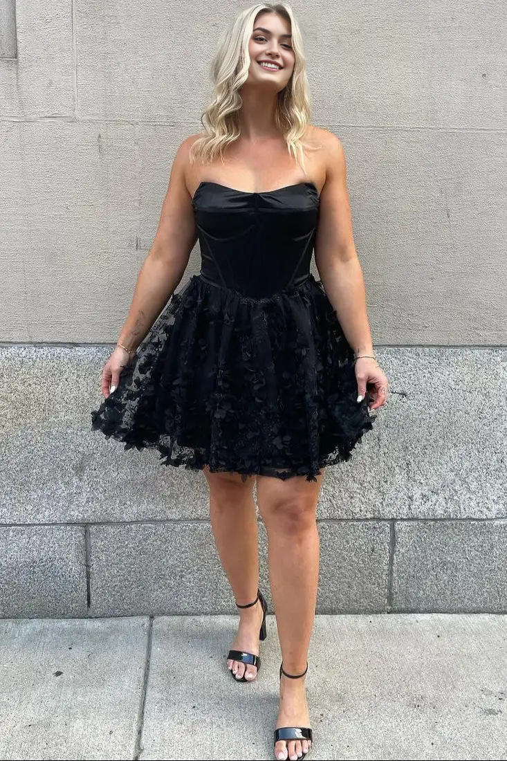 AABEI DRESS Elegant A-Line Strapless Black Floral Fashion Hot Sale Short Homecoming Dress