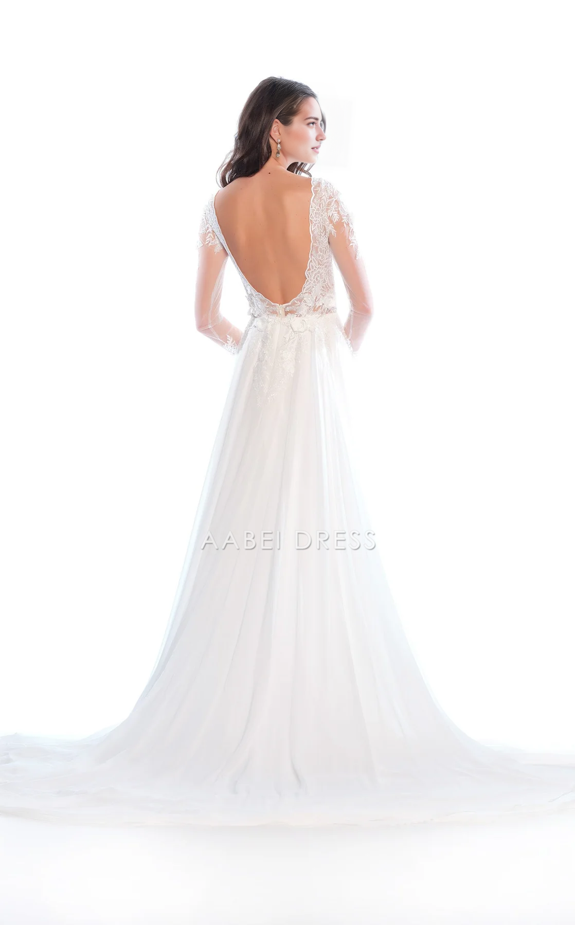 AABEI DRESS Exquisite A Line Deep V Neck Long Sleeves Backless 3D Flower Floor-length Fashion Wedding Dress