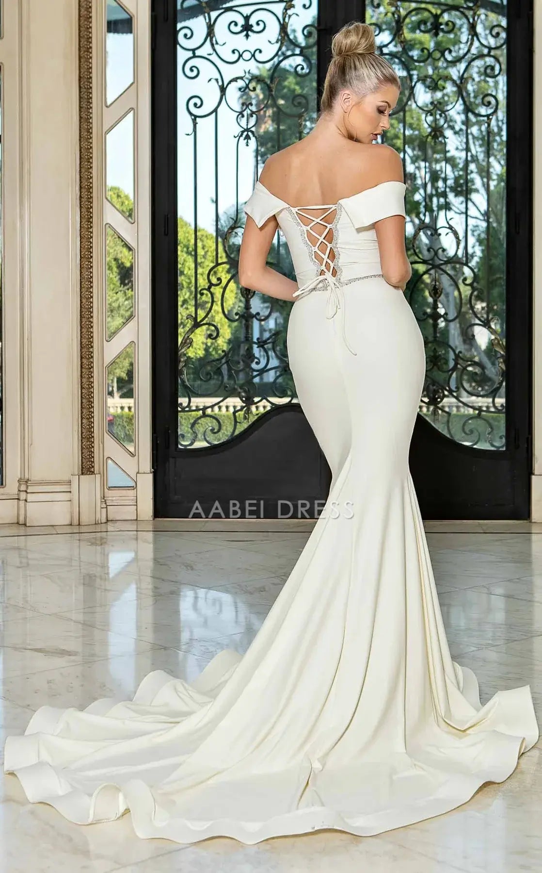 AABEI DRESS Fashion Mermaid Off Shoulder V Neck Pleated Beadwork Backless Sweep Train Exquisite Wedding Dress