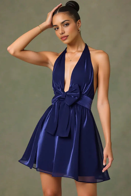 AABEI DRESS For Women Short Prom Dress Charming A-Line Halter Deep V Neck With Bowknot Backless Sexy Hot Sale Homecoming Dress