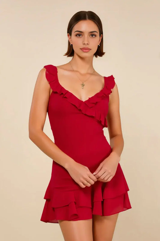 AABEI DRESS For Women Short Prom Dress Chic Sheath V Neck Ruffles Wide Shoulder Straps Tiered Ruffles Cute Mini Dress Hot Sale Homecoming Dress