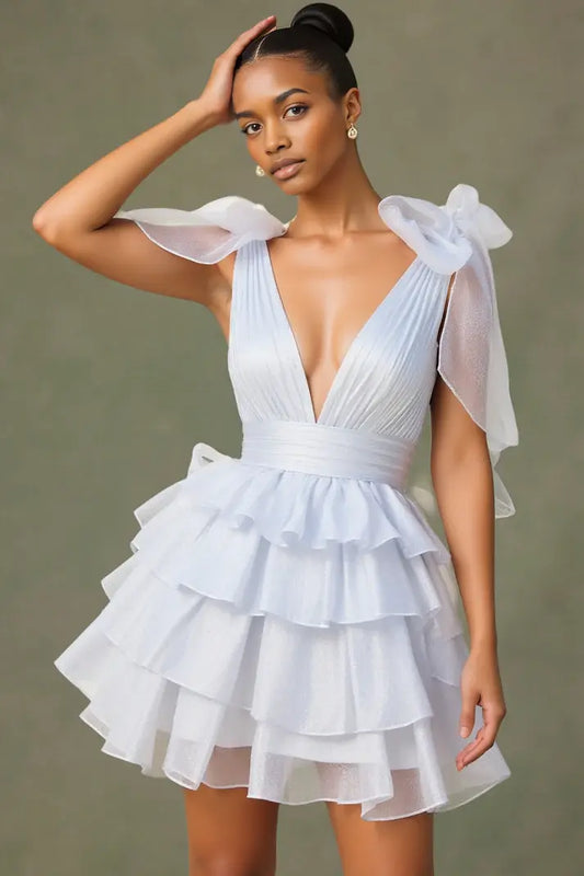 AABEI DRESS For Women Short Prom Dress Exquisite A-Line Plunging Deep V-Neck Bowknot Tiered Ruched Sparkle Hot Sale Homecoming Dress