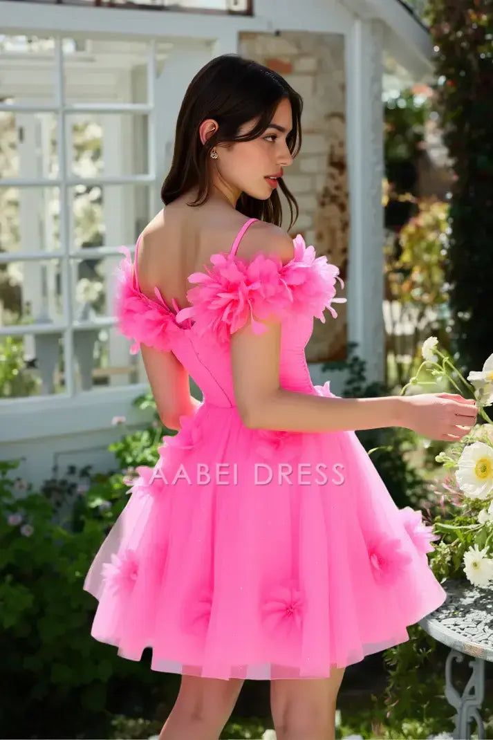 AABEI DRESS For Women Short Prom Dress Exquisite A-Line Spaghetti Strap Off Shoulder 3D Floral Applique Romantic Hot Sale Homecoming Dress