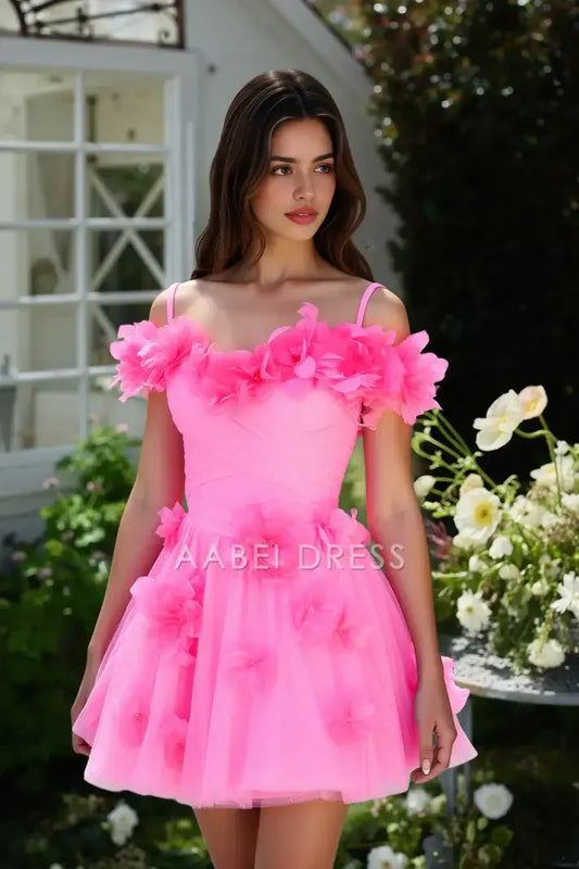 AABEI DRESS For Women Short Prom Dress Exquisite A-Line Spaghetti Strap Off Shoulder 3D Floral Applique Romantic Hot Sale Homecoming Dress