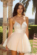 AABEI DRESS For Women Short Prom Dress Fashion A-Line Plunging V-Neck Spaghetti Straps Beaded Corset Bodice Backless Sparkle Hot Sale Homecoming Dress