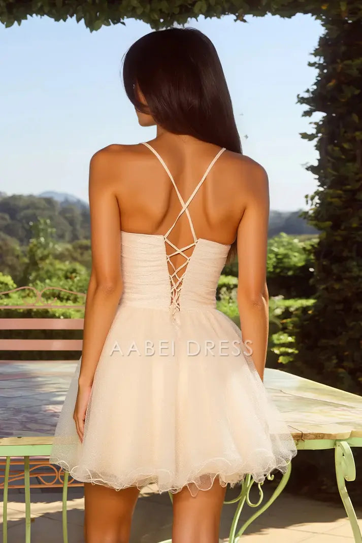 AABEI DRESS For Women Short Prom Dress Fashion A-Line Plunging V-Neck Spaghetti Straps Beaded Corset Bodice Backless Sparkle Hot Sale Homecoming Dress