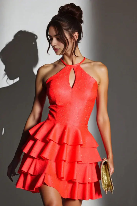 AABEI DRESS For Women Short Prom Dress Gorgeous A-Line Halter Neck Off Shoulder Sleeveless Keyhole Rhinestone Tiered Ruched Backless Sparkle Hot Sale Homecoming Dress