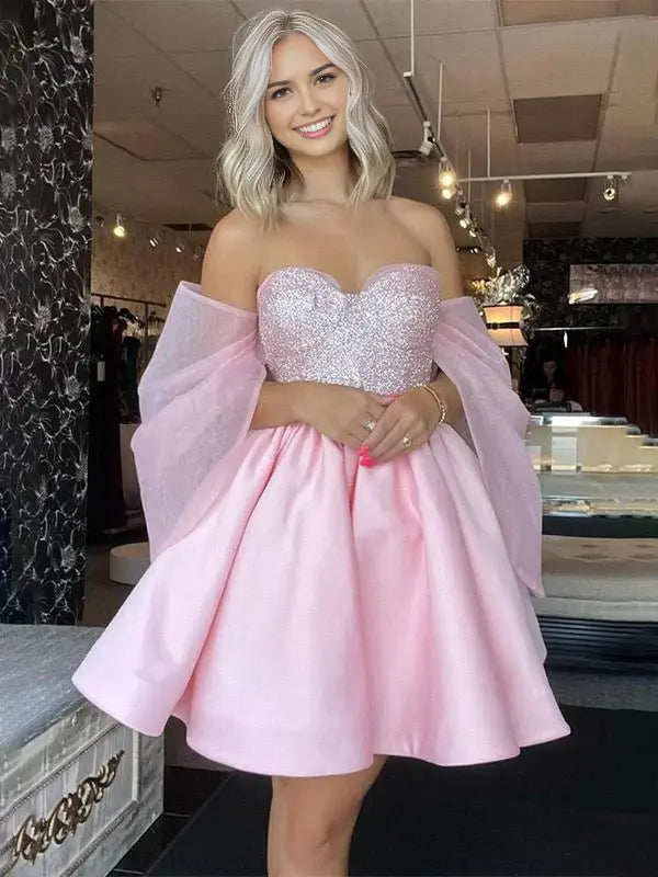 AABEI DRESS For Women Short Prom Dress Pink A-Line Off The Shoulder Sweetheart Neckline Sequined Top Backless Cute Dress Affordable Hot Sale Homecoming Dress