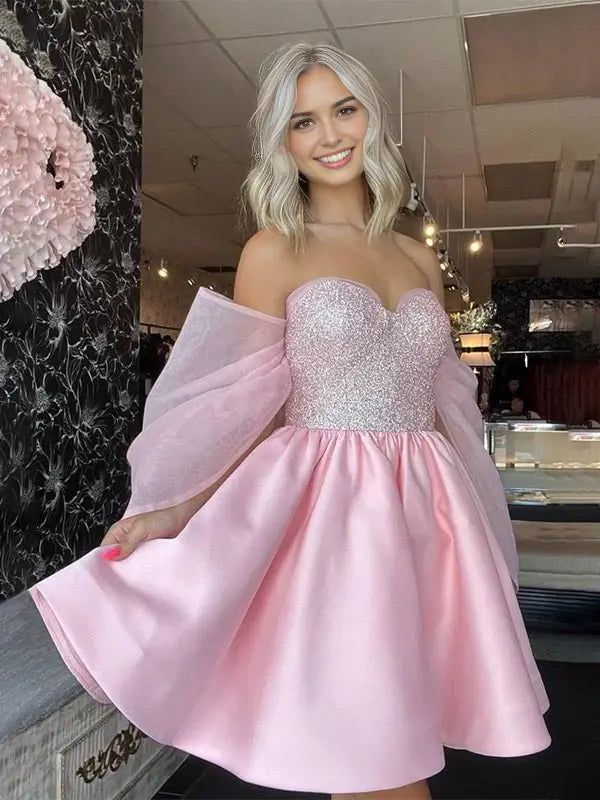 AABEI DRESS For Women Short Prom Dress Pink A-Line Off The Shoulder Sweetheart Neckline Sequined Top Backless Cute Dress Affordable Hot Sale Homecoming Dress