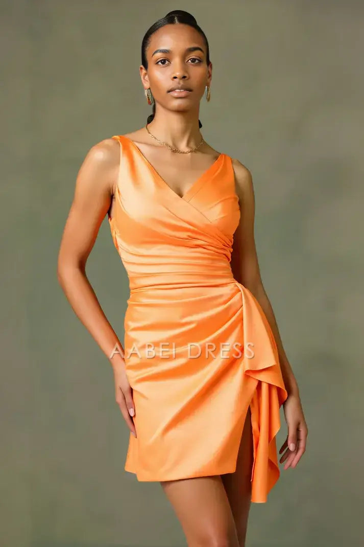 AABEI DRESS For Women Short Prom Dress Pleated Sheath Bodycon Wide Shoulder Straps V-Neck Ruffles With Slit Dress Hot Sale Homecoming Dress