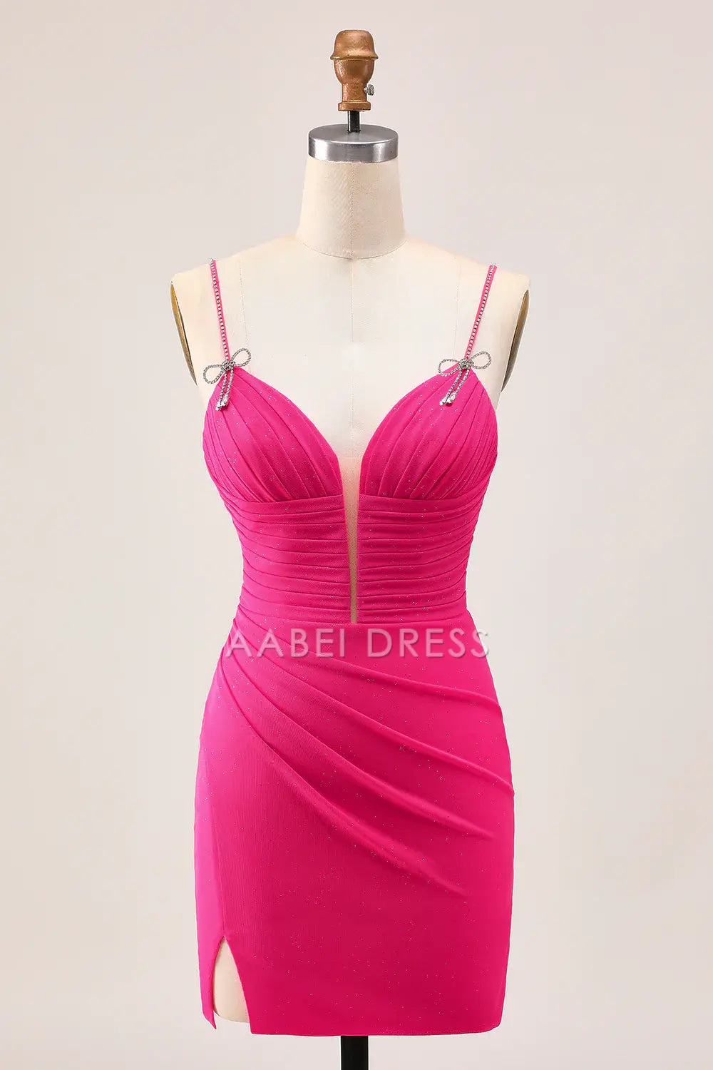 AABEI DRESS For Women Short Prom Dress Sheath Spaghetti Strap Bow V Neck Pleated Backless With Slit Sparkle Dress Affordable Hot Sale Homecoming Dress