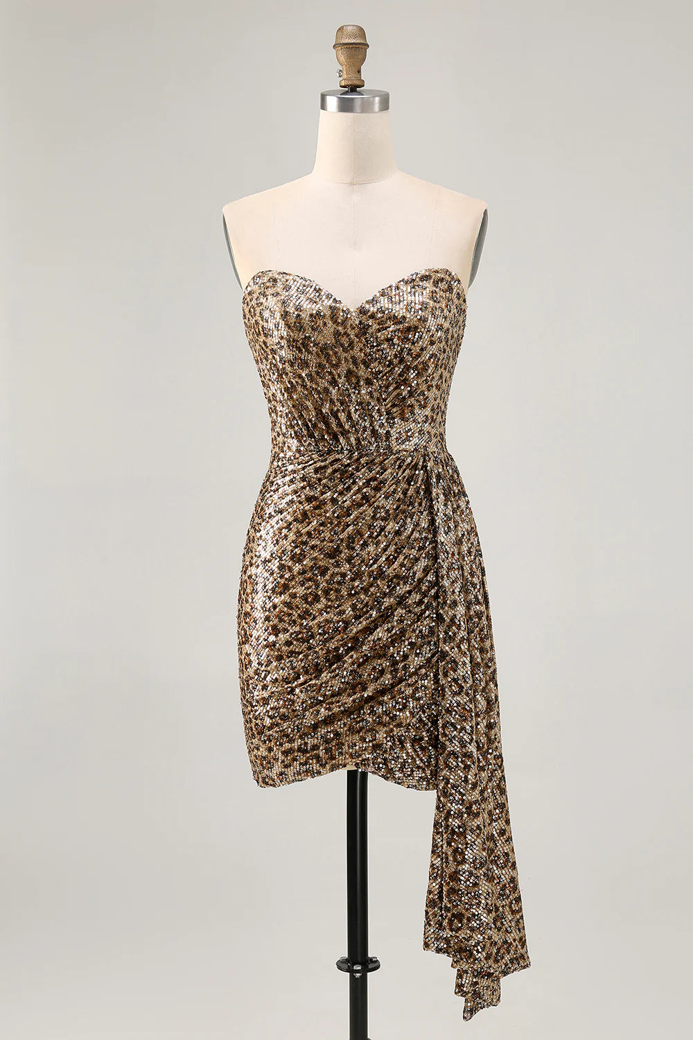 AABEI DRESS For Women Short Prom Dress Sheath Strapless Sweetheart Neckline Unique Leopard Printed Sequin Pleated Dress Affordable Hot Sale Homecoming Dress