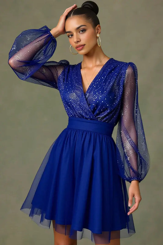 AABEI DRESS For Women Short Prom Dress Sparkle A Line V Neck Long Sleeves Sequins Ruched Charming Hot Sale Homecoming Dress