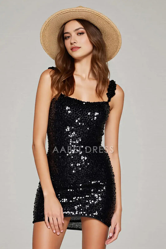 AABEI DRESS For Women Short Prom Dress Sparkly Black Sequin Sheath Ruched Wide Shoulder Straps Sexy Dress Affordable Hot Sale Homecoming Dress