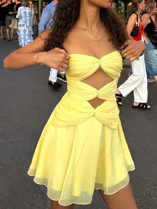 AABEI DRESS For Women Short Prom Dress Yellow A Line Strapless Pleated Hollow Out With Beading Fashion Affordable Hot Sale Homecoming Dress