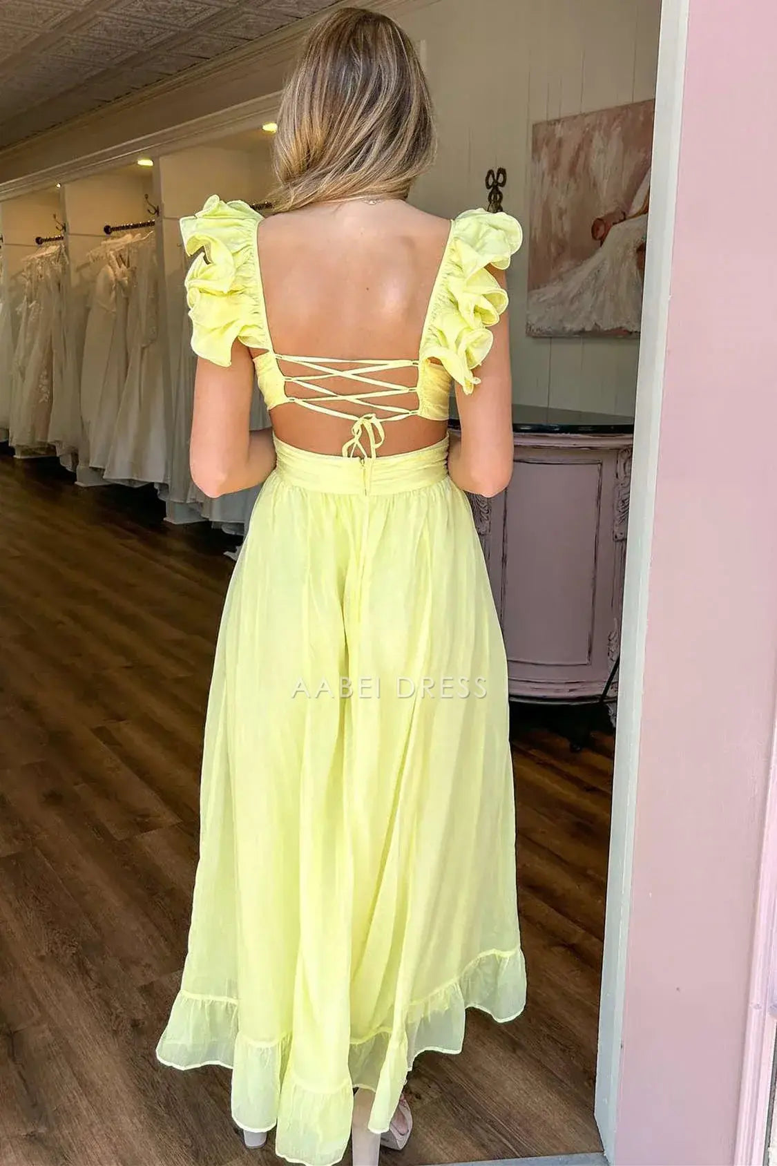 AABEI DRESS Formal Wear Dresses A-Line V-Neck Ruched Backless Lace-Up Yellow Plunging Fashion Hot Sale Prom Dress