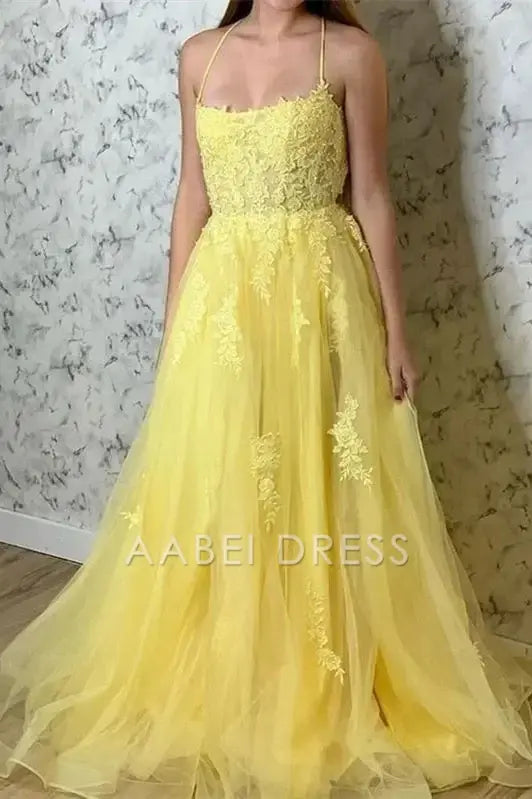 AABEI DRESS Formal Wear Dresses A Line Spaghetti Strap Backless Lace Appliqued Slit Exquisite Hot Sale Prom Dress