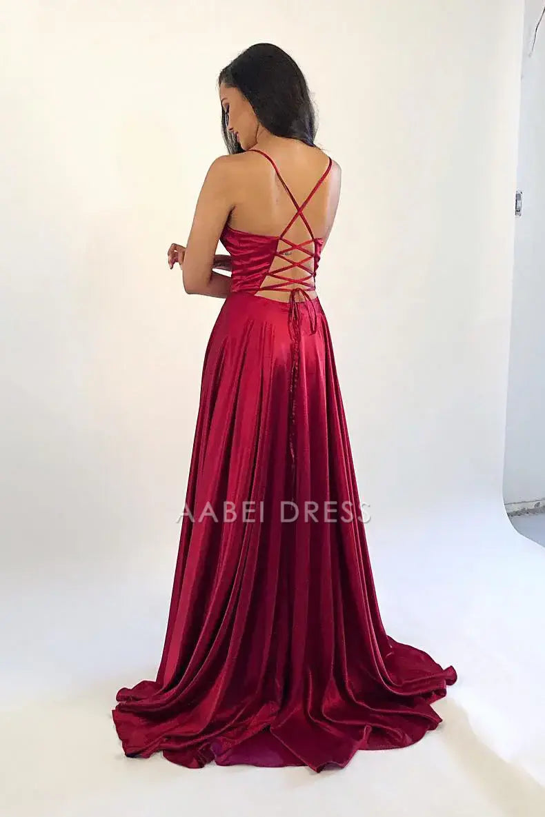 AABEI DRESS Formal Wear Dresses A Line Spaghetti Straps Criss Cross Backless with Slit Ruched Elegant Long Hot Sale Prom Dress