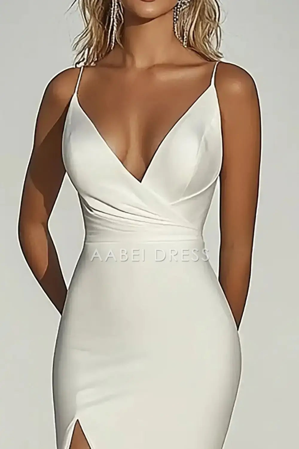 AABEI DRESS Formal Wear Dresses Elegant Mermaid Spaghetti Strap Deep V Neck Ruched With Slit Charming Long Wedding Dress