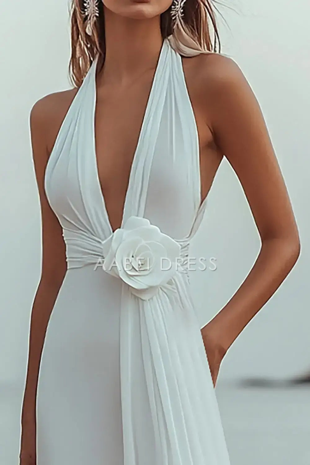 AABEI DRESS Formal Wear Dresses Fashion A Line Deep V-Neck flower Pleated Dinner Dress Sexy Long Wedding Dress