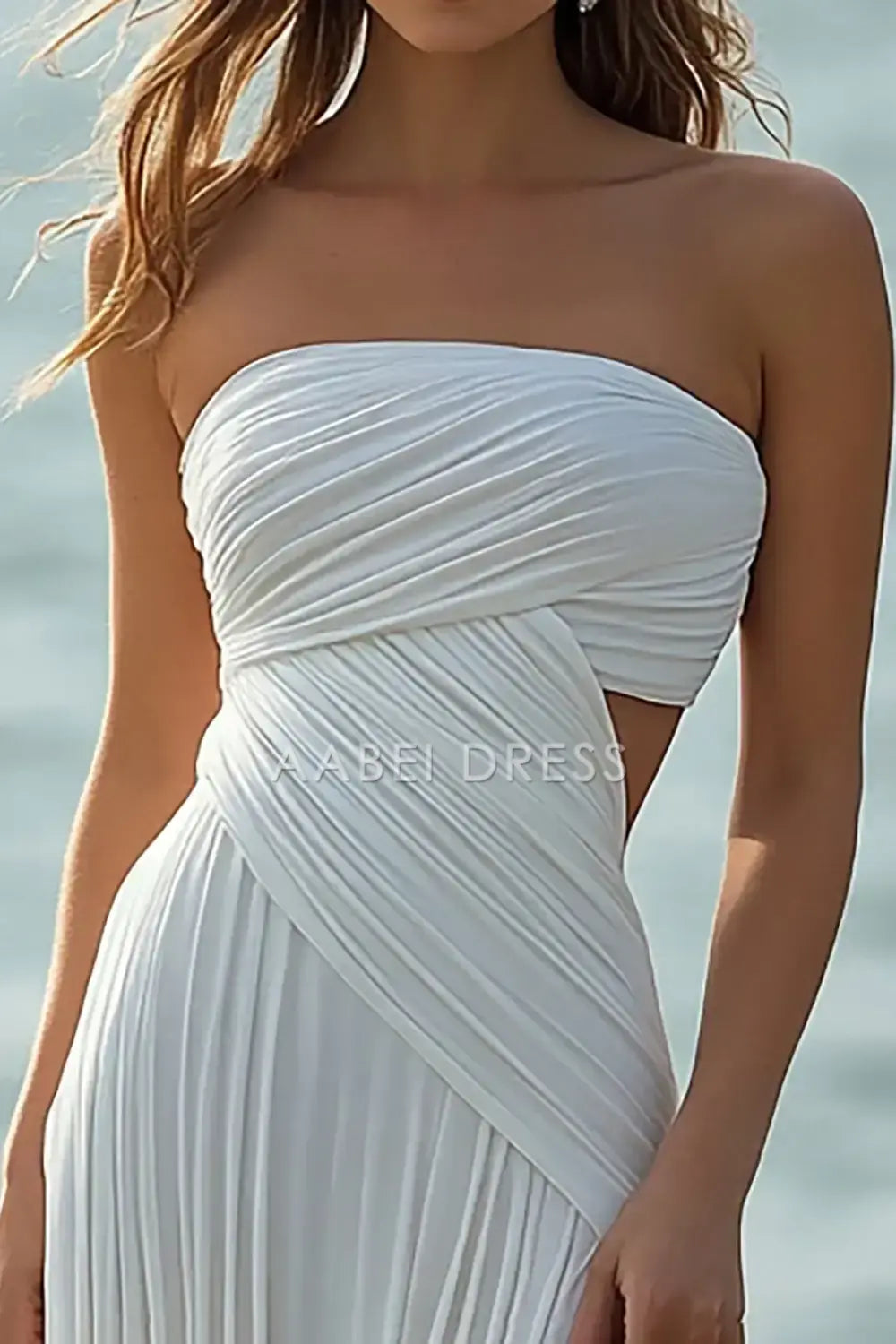 AABEI DRESS Formal Wear Dresses Sheath Strapless Pleated Long Dinner Dress Slit Fashion Wedding Dress