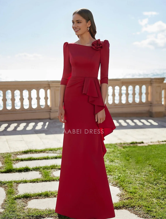 AABEI DRESS Formal Women's Dresses A-Line 3/4 Length Sleeve Boat Neck Ruffles Evening Gown Elegant Floor Length Red Prom Dress