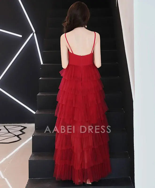 AABEI DRESS Formal Women's Dresses A Line V Neck Spaghetti Strap Layering Ruched Backless Fashion Red Prom Dress