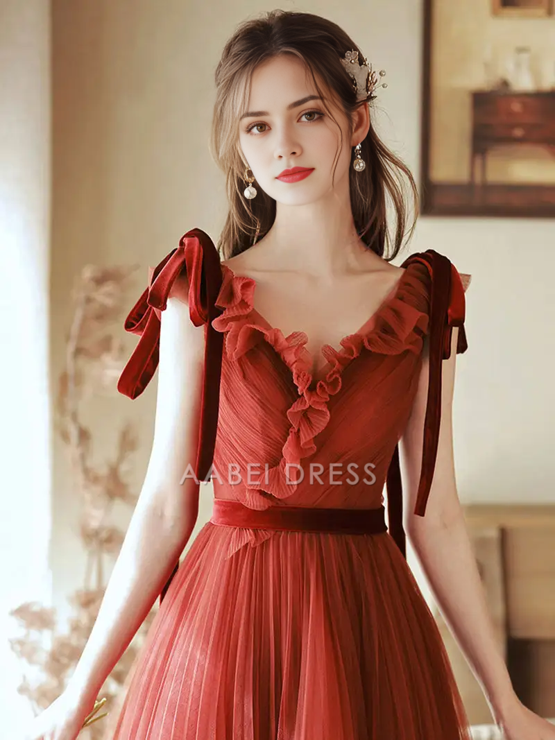 AABEI DRESS Formal Women's Dresses Brick Red A Line V Neck Ruched Tulle Graduation Dresses Fashion Long Prom Dress