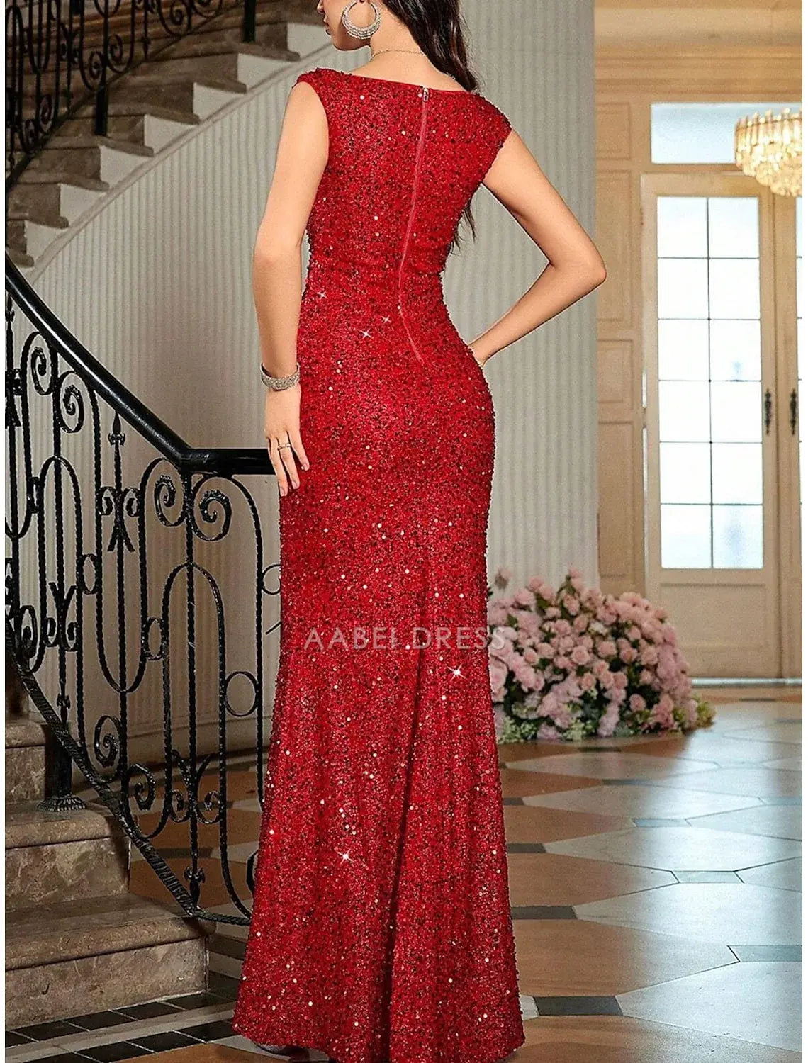 AABEI DRESS Formal Women's Dresses Sparkle Mermaid Sleeveless Sweetheart Elegant Floor Length Sequin Red Prom Dress