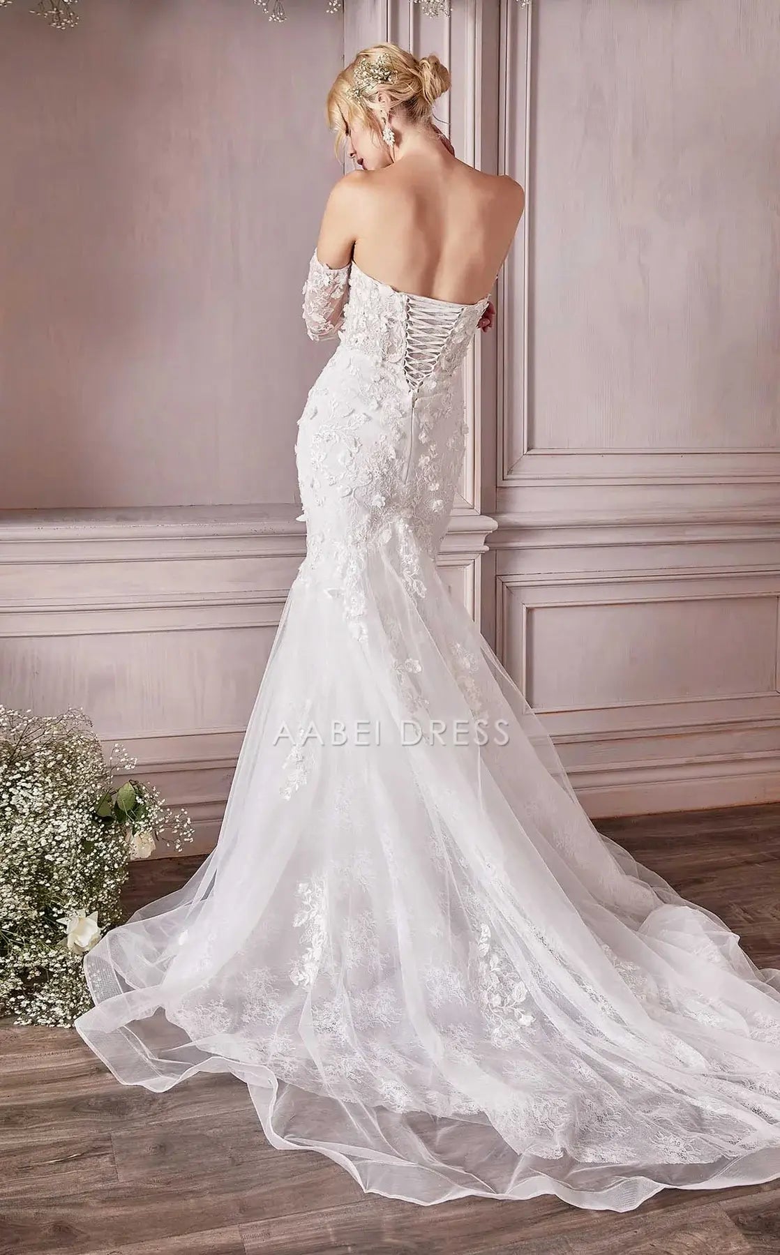AABEI DRESS Gorgeous Mermaid Strapless Cutout Neckline Long Sleeves Backless Exquisite Floral Wedding Dress