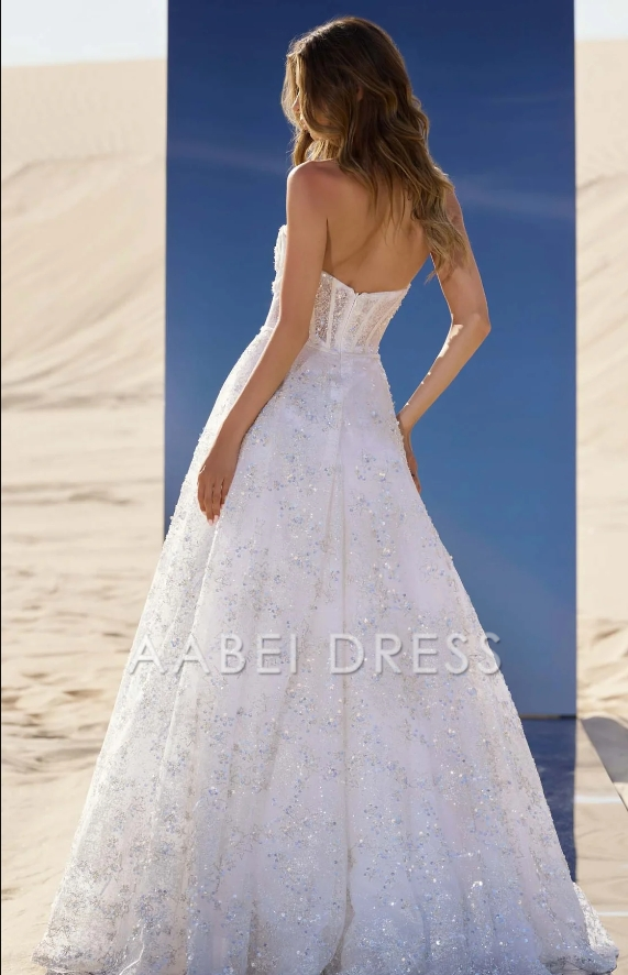 AABEI DRESS Luxurious Sequin A Line Off-shoulder Sweetheart Backless Sparkle Wedding Dress