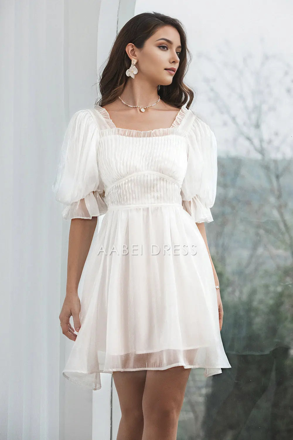 AABEI DRESS New Homecoming Dress Elegant A Line Square Neck Short Sleeve Tulle Pleated Backless Lace-up Short Graduation Dress