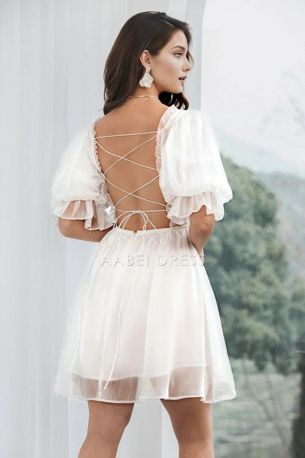 AABEI DRESS New Homecoming Dress Elegant A Line Square Neck Short Sleeve Tulle Pleated Backless Lace-up Short Graduation Dress