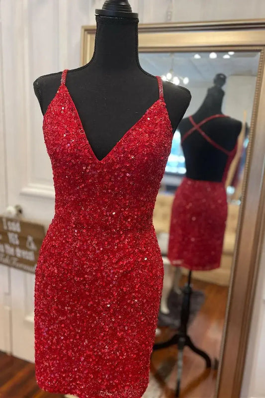 AABEI DRESS Red Sequin Tight V-Neck Spaghetti Strap Backless Sparkle Mini Party Dress Hot Sale Short Homecoming Dress
