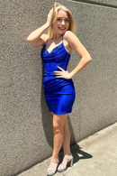 AABEI DRESS Royal Blue Bodycon Spaghetti Strap V Neck Beaded Pleated Backless Exquisite Hot Sale Short Homecoming Dress