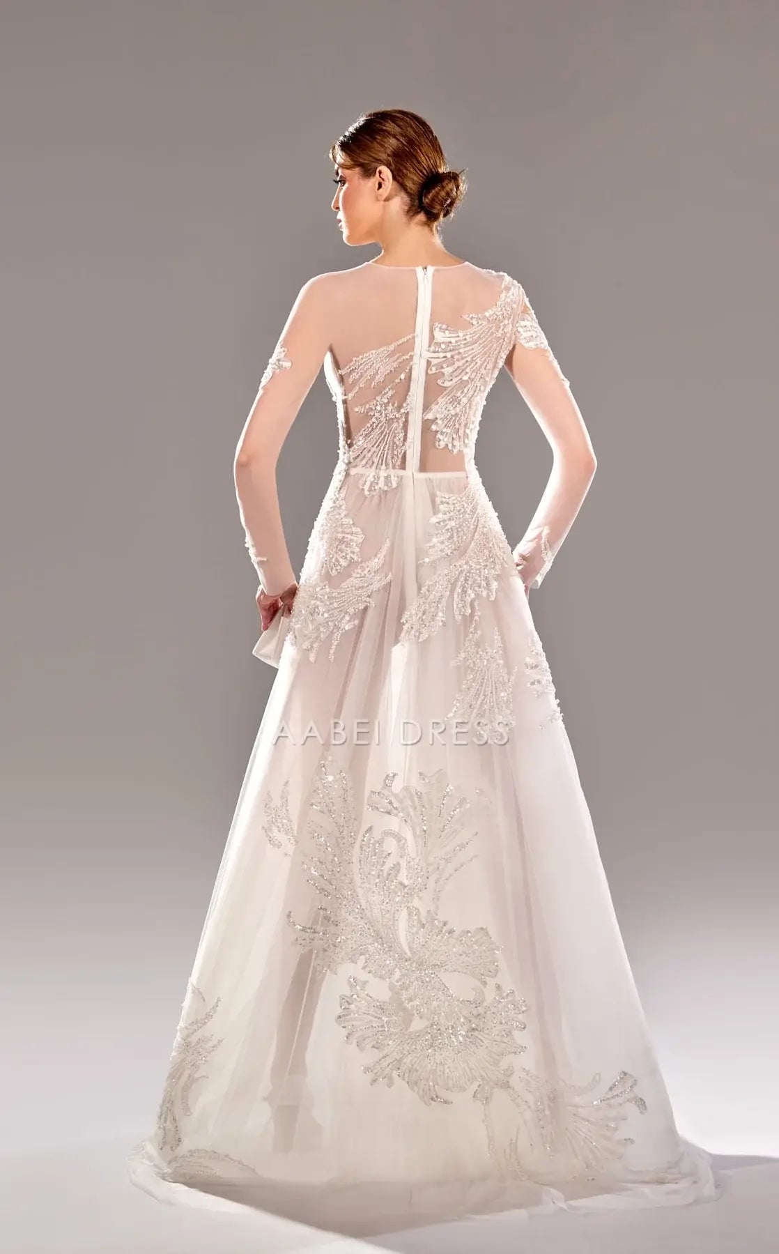 AABEI DRESS Shiny A-line Round Neckline Long Sleeves Dress Gorgeous Wedding Dress