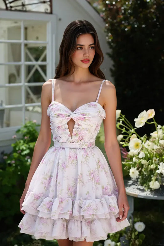 AABEI DRESS Short Prom Dress A-Line Spaghetti Strap Sweetheart Neckline Floral Prints Hollow Bodice Tiered Ruched Cute Hot Sale Homecoming Dress