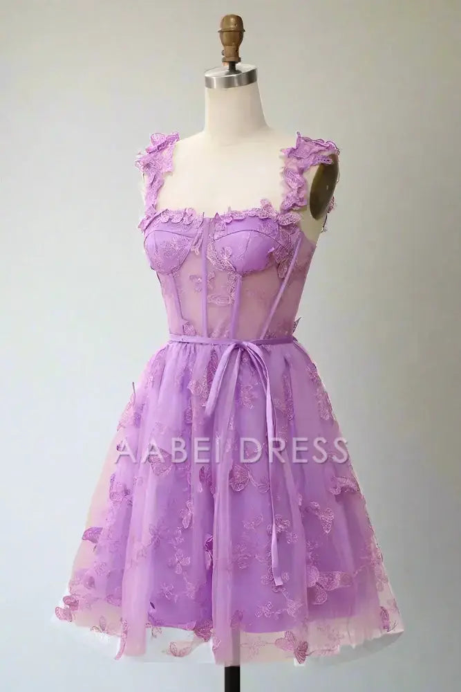 AABEI DRESS Sweet A-Line Square Neck Exquisite 3D Butterfly Appliques Hot Sale Short Homecoming Dress