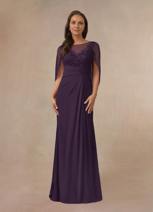 AABEI DRESS Wedding Guests Dresses A-Line Boat Neck Lace Applique Capelet Pleated Retro Mother of the Bride Dress