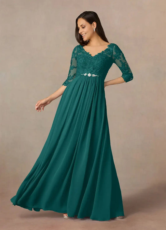 AABEI DRESS Wedding Guests Dresses A-Line V-Neck 3/4 Sleeve Lace Applique Beadwork Elegant Retro Mother of the Bride Dress