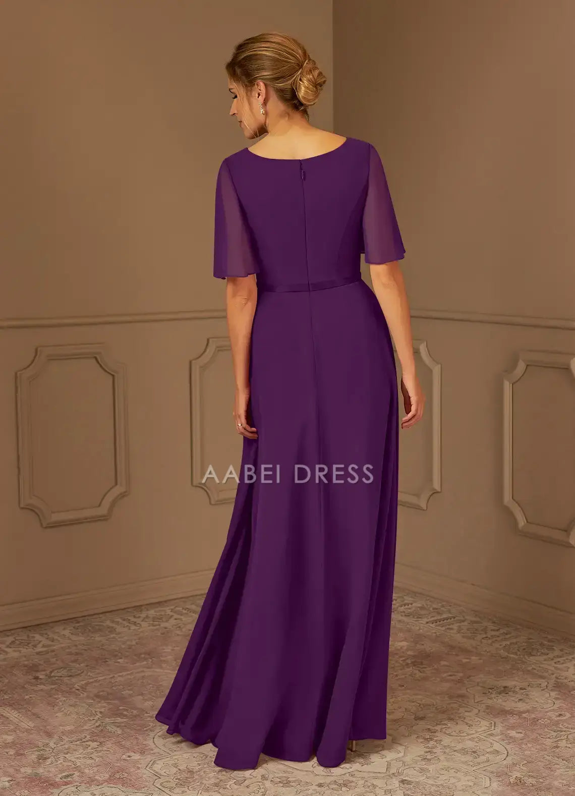 AABEI DRESS Wedding Guests Dresses A-Line V-Neck Loose Short Sleeves Pleated Beadwork Elegant Fashion Mother of the Bride Dress