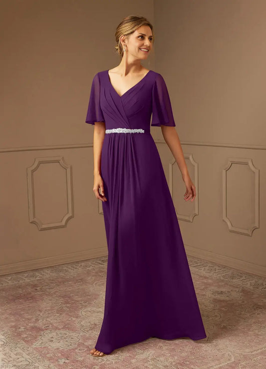 AABEI DRESS Wedding Guests Dresses A-Line V-Neck Loose Short Sleeves Pleated Beadwork Elegant Fashion Mother of the Bride Dress