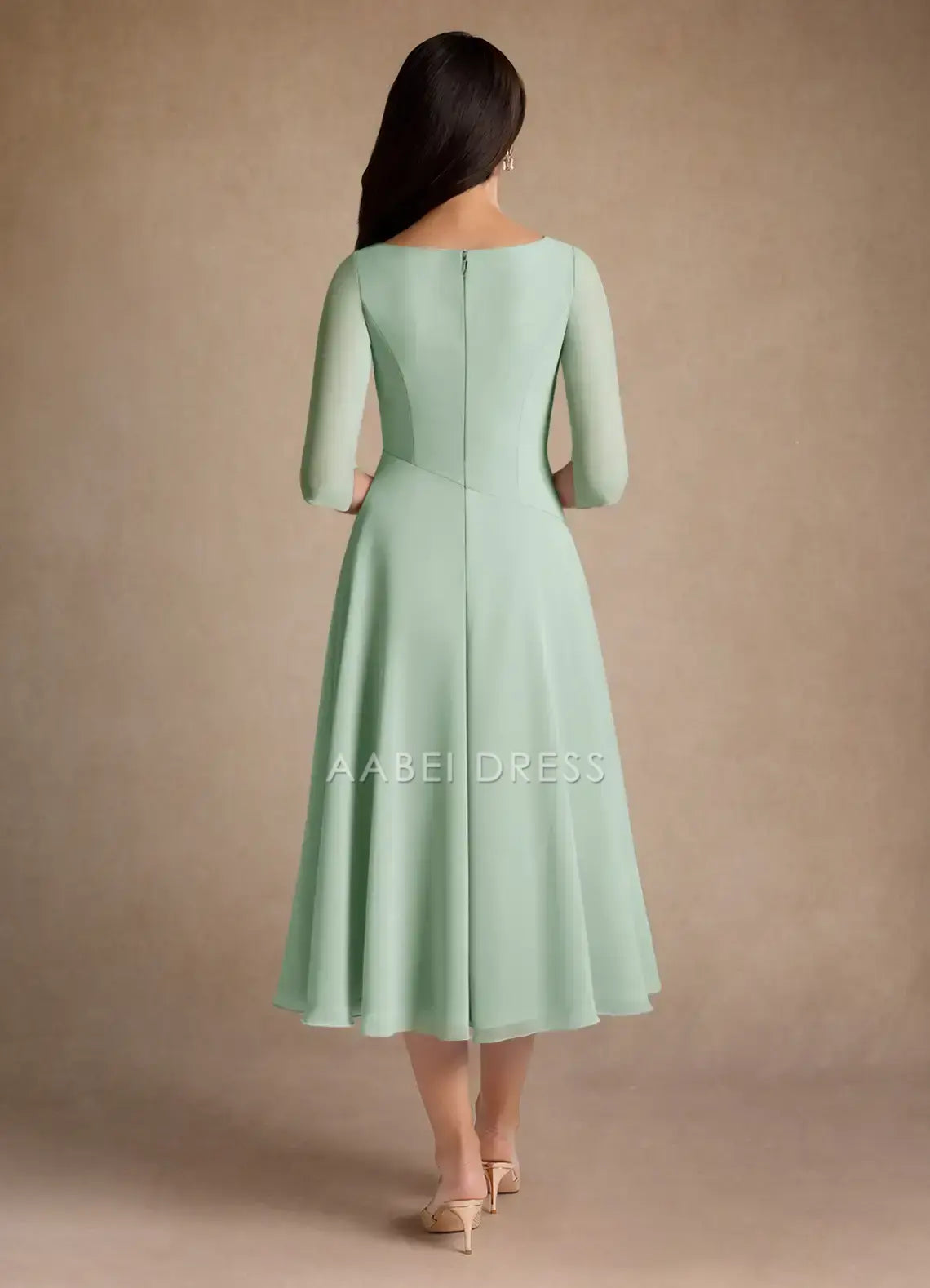 AABEI DRESS Wedding Guests Dresses A-Line V-Neck Three-Quarter Sleeves Pleated Bodice Tea-Length Elegant Mother of the Bride Dress