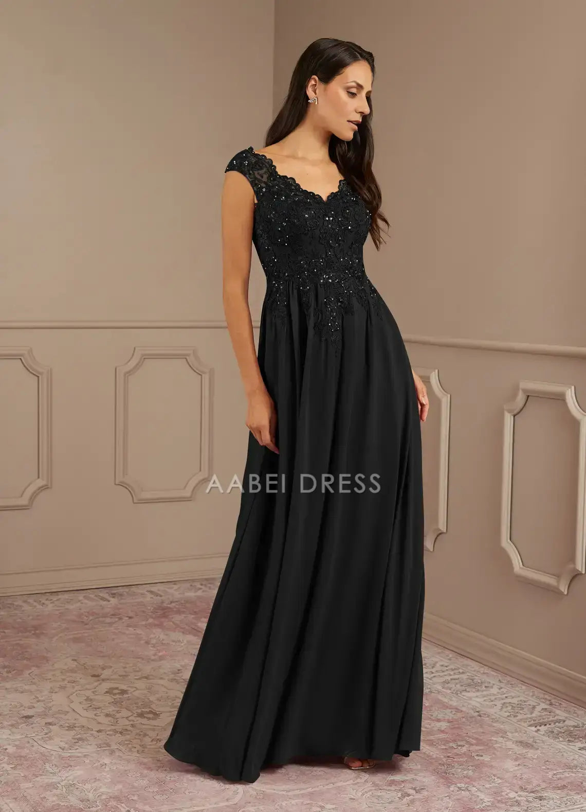 AABEI DRESS Wedding Guests Dresses A-Line V-Neck  lace bodice Beadwork with matching Chiffon Shawl Exquisite Mother of the Bride Dress