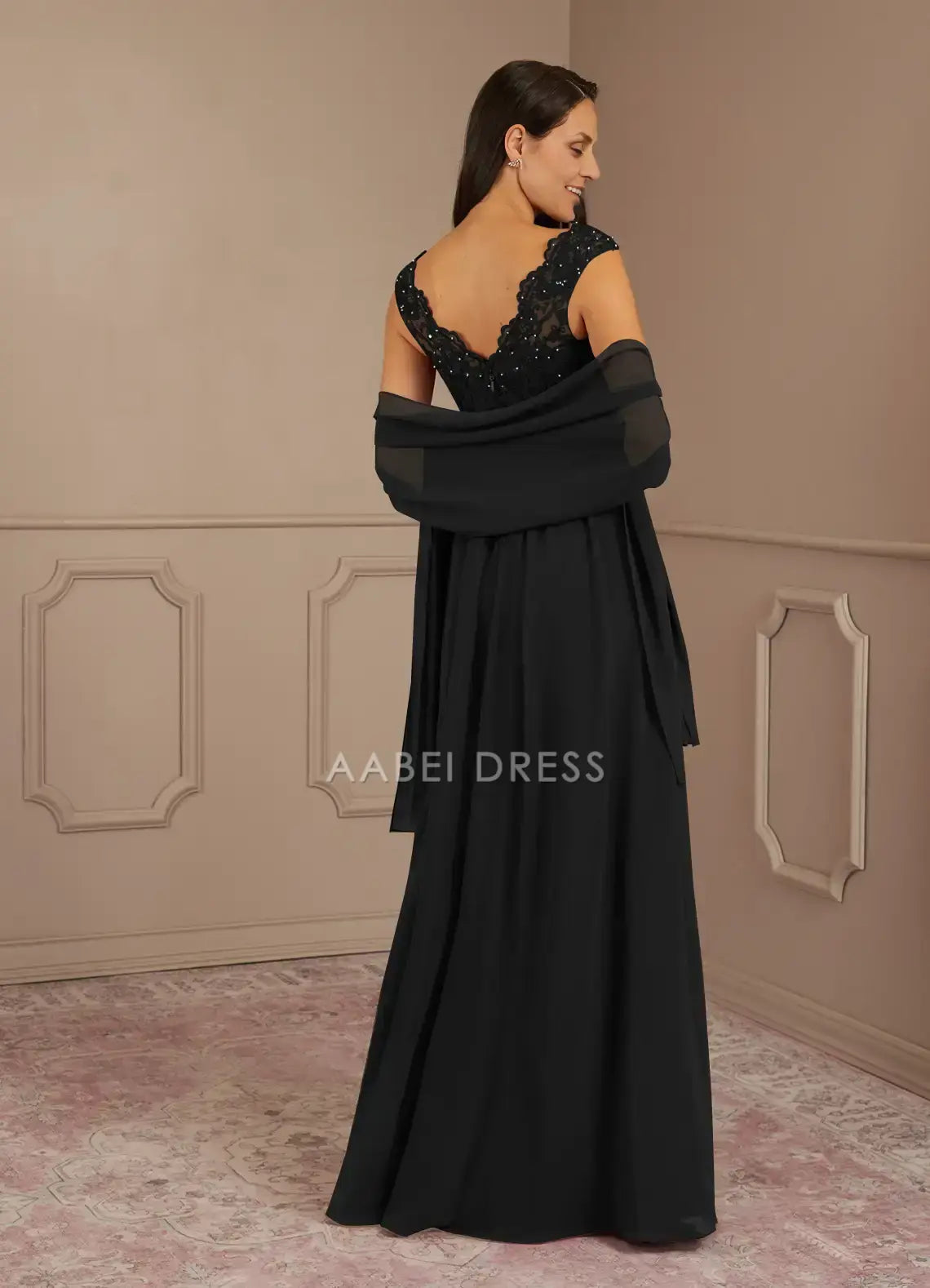 AABEI DRESS Wedding Guests Dresses A-Line V-Neck  lace bodice Beadwork with matching Chiffon Shawl Exquisite Mother of the Bride Dress