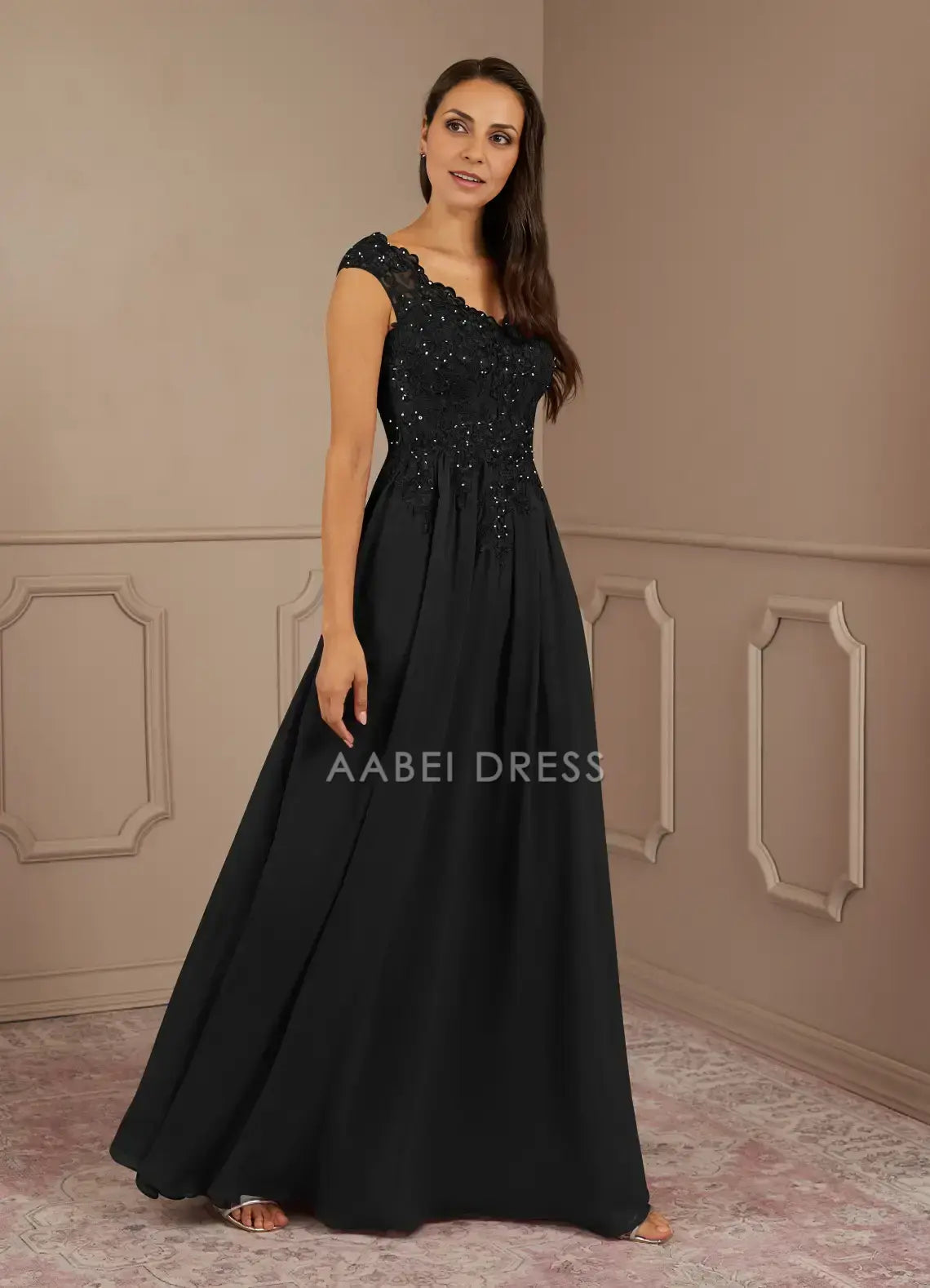 AABEI DRESS Wedding Guests Dresses A-Line V-Neck  lace bodice Beadwork with matching Chiffon Shawl Exquisite Mother of the Bride Dress