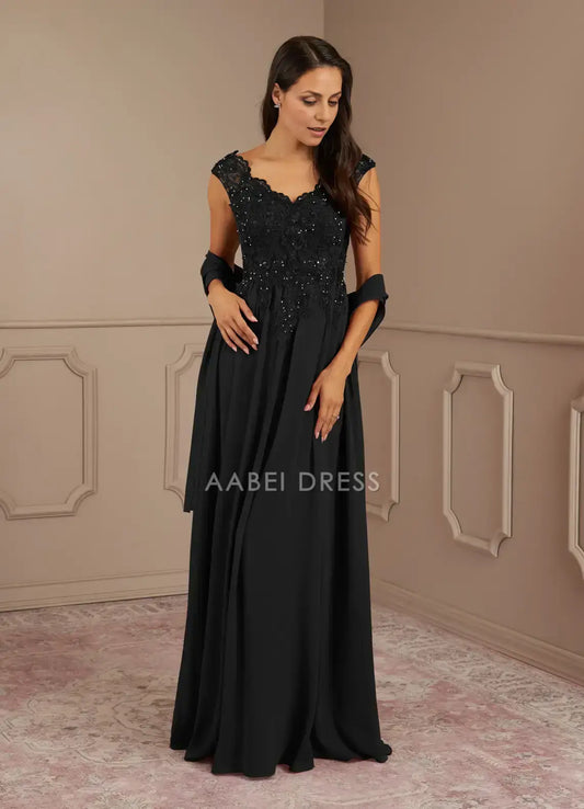 AABEI DRESS Wedding Guests Dresses A-Line V-Neck  lace bodice Beadwork with matching Chiffon Shawl Exquisite Mother of the Bride Dress