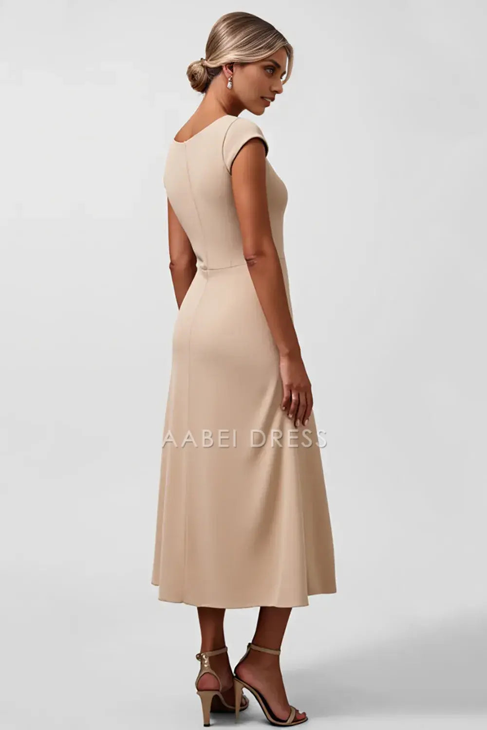 AABEI DRESS Wedding Guests Dresses A Line Boat Collar Cap Sleeves Ruffled Tea-Length Elegant Simple Mother of the Bride Dress